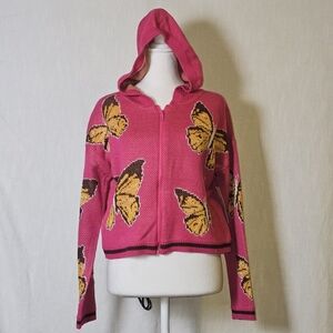 NWt Witty Fox Womens Pink Hooded Sweater,Butterfly Graphic Sz XS